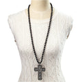 Vintage Ethnic Volcanic Stone Knotted Necklace Gray Rhinestone Pearl Cross Pendant Necklace