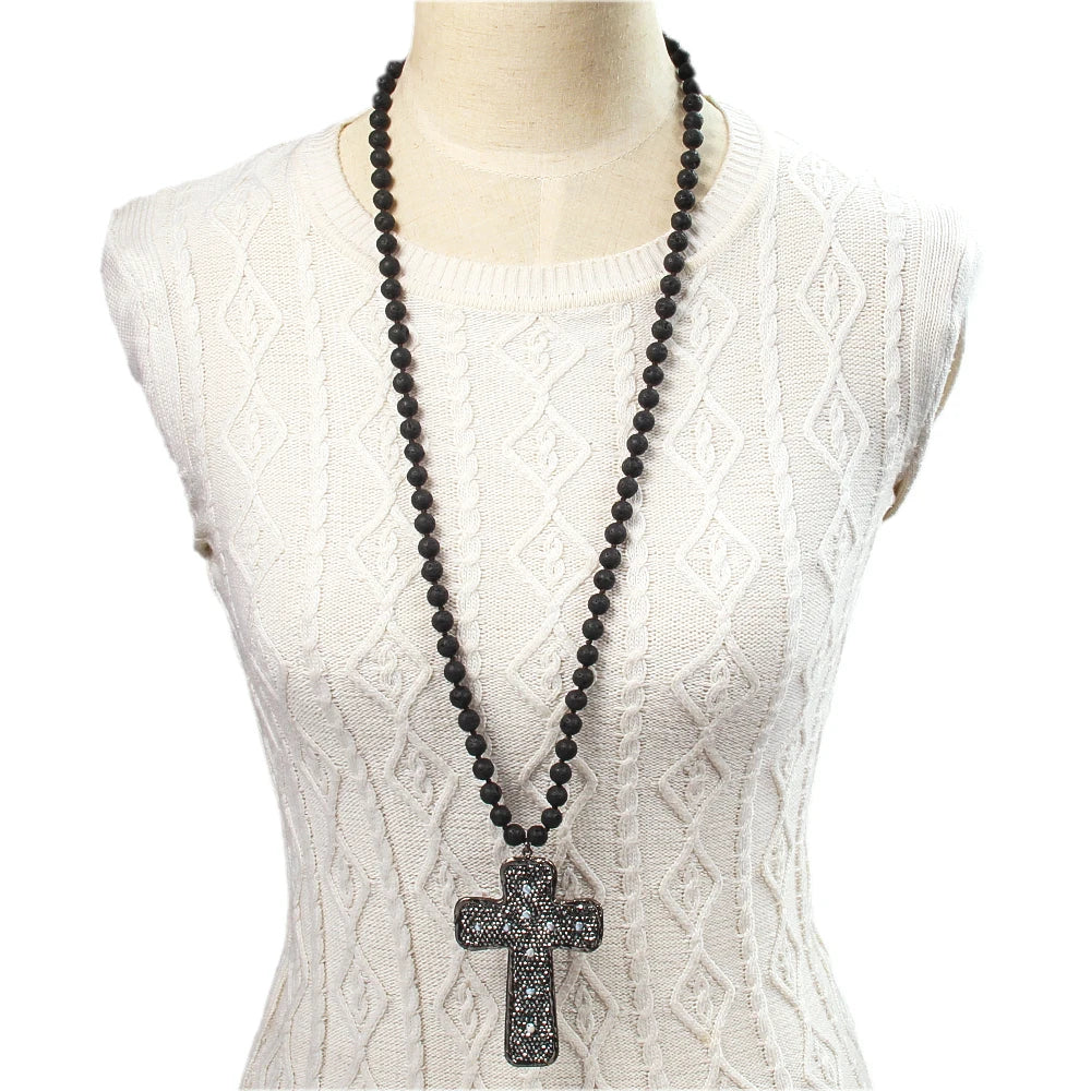 Vintage Ethnic Volcanic Stone Knotted Necklace Gray Rhinestone Pearl Cross Pendant Necklace