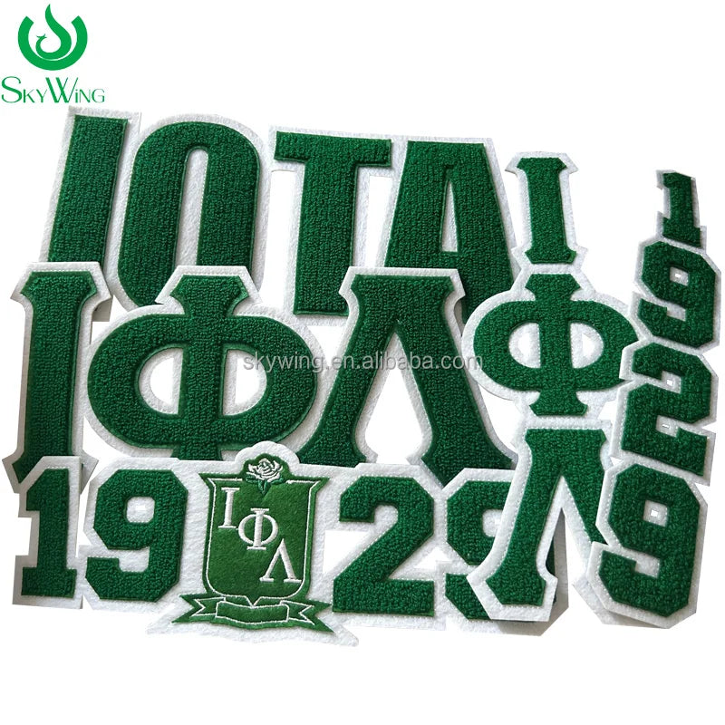 Iota Phi Lambda Sorority Eco-Friendly Chenille Embroidered Greek Letter Iron-On Towel Patch for Sweatshirts and Jackets
