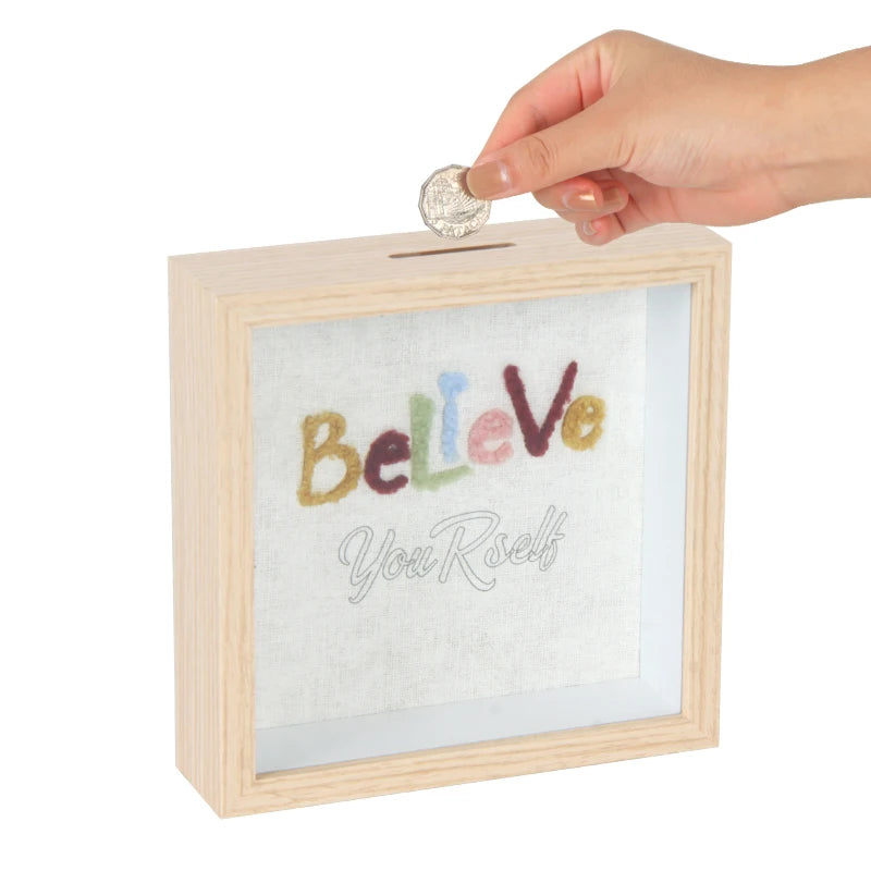 Square Wooden Glass Money Saving Box Home Decoration Clear Piggy Bank for Kids