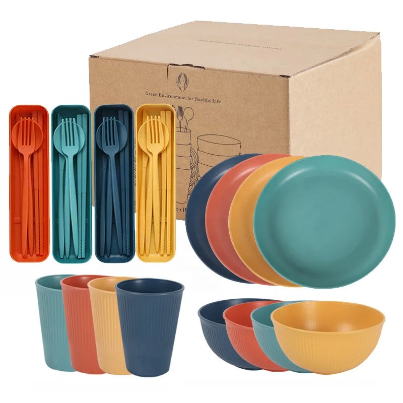 16 Pieces Set Reusable Kitchen Plastic Dinner Plates Cereal Bowls Cups Dishes Travel Camping Cutlery Set Dinnerware Set