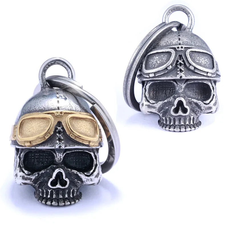 Stainless Steel Motorcycle Style Men's Retro Style Skull Head With Eyeglasses Biker Gremlin Guardian Bell Pendant Keychain