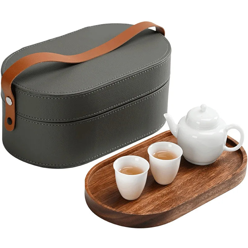 Portable Luxury Business Gift Souvenir Icy Jade Ceramic Travel Tea Set with One Pot Two Cups Tea Tray-for Drinkware
