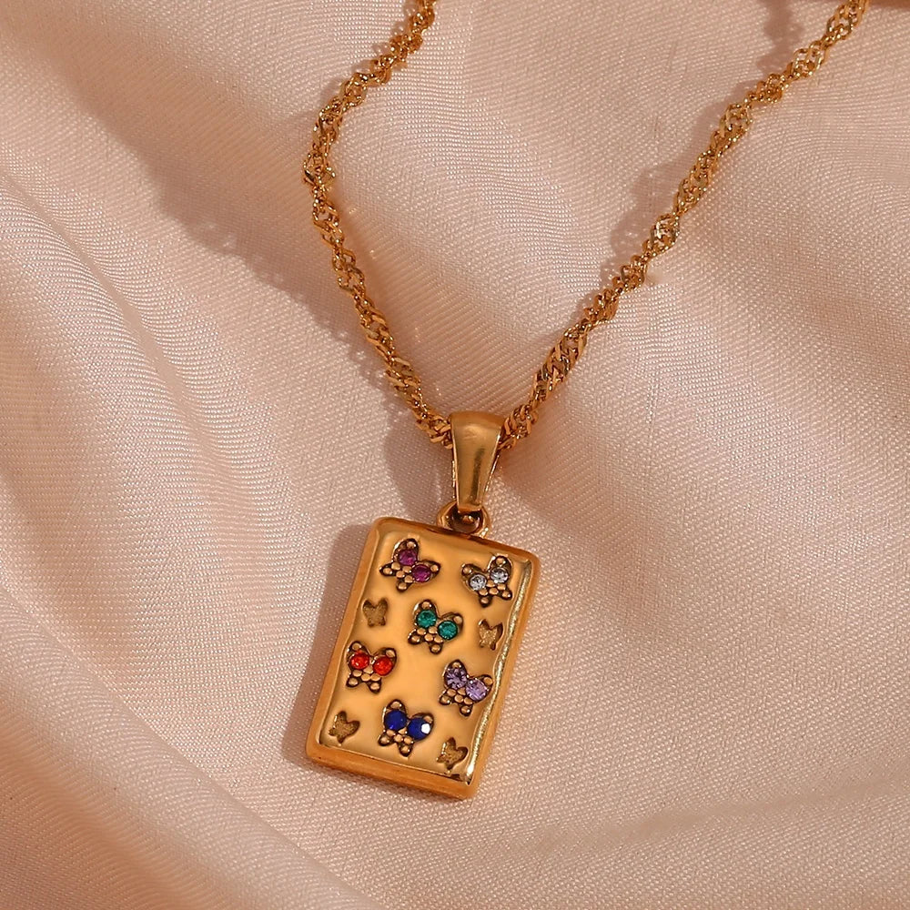 Colorful Zircon Butterfly Necklace 18k Gold Plated Stainless Steel Tarot Necklace Fashion Jewelry for Women
