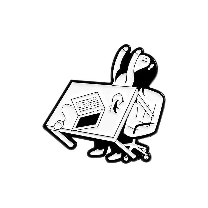 Tired of Working Enamel Pin Funny Black White Brooches Coat Lapel Bag Pin Crashing Girl Badge Cartoon Jewelry Gift for Friends