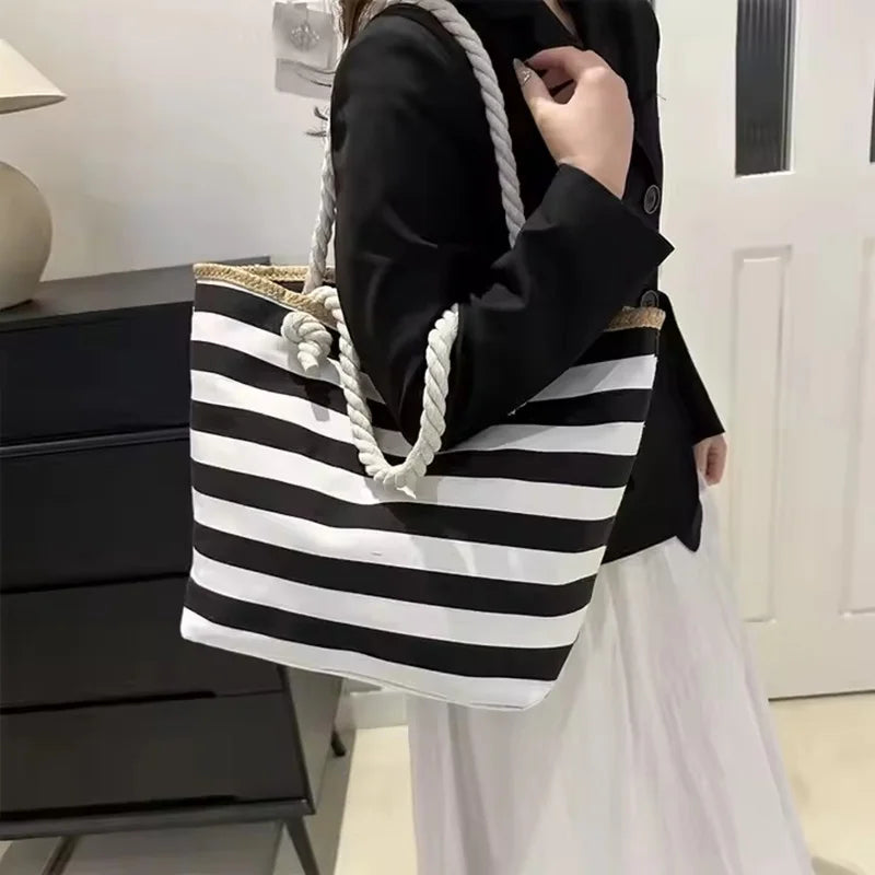 Strong Quality Durable Solid Color Beach Tote Canvas Cotton Bag Large Capacity Holiday Bag Zipper Rope Handles for Summer Autumn