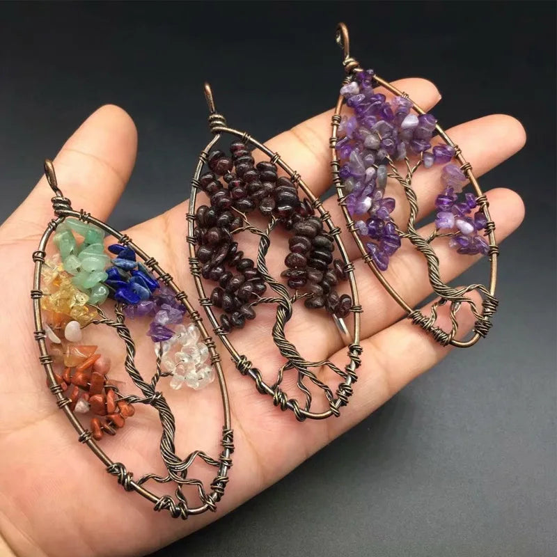 Diy Chakra color tree of life pendant crystal chip stones tree necklace fashion jewelry for souvenir