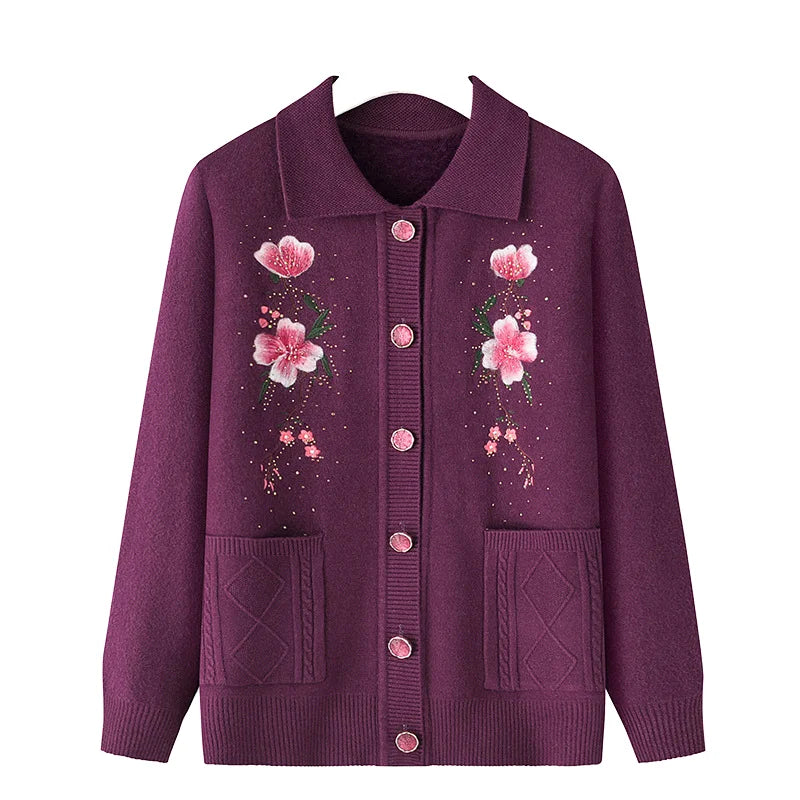 Autumn Vintage Floral Embroidery Cardigan Winter Thickened Padded Sweater for Middle-Aged Elderly Women Grandmothers Knit by Mom