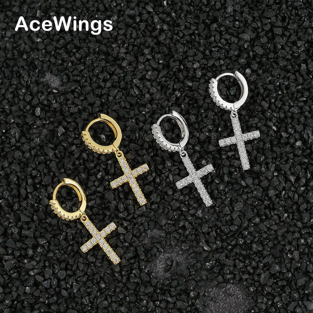 E018  Cubic Zirconia Earrings CZ Cross Charm Earrings Brass Setting Zircon Drop Earrings Hip Hop Bling Blilng Iced Out