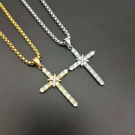 Luxury Full Diamond Stainless Steel Fashion Religious Jewelry 18k Fine Crystal Diamond Cross Necklace for Women Men