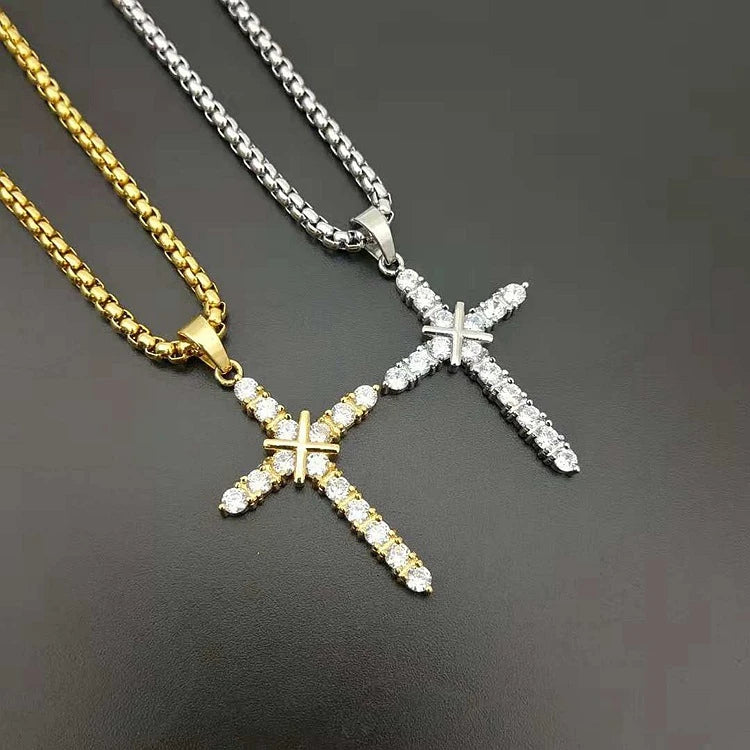 Luxury Full Diamond Stainless Steel Fashion Religious Jewelry 18k Fine Crystal Diamond Cross Necklace for Women Men