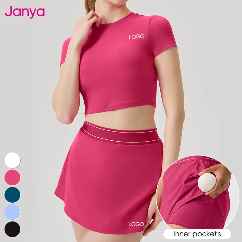 Janya 2025 New Athletic Clothing Women's Gym Fitness 2 Piece Set High Neck Crop Top & 2 in 1 Tennis Skirt Yoga Sets for Adults