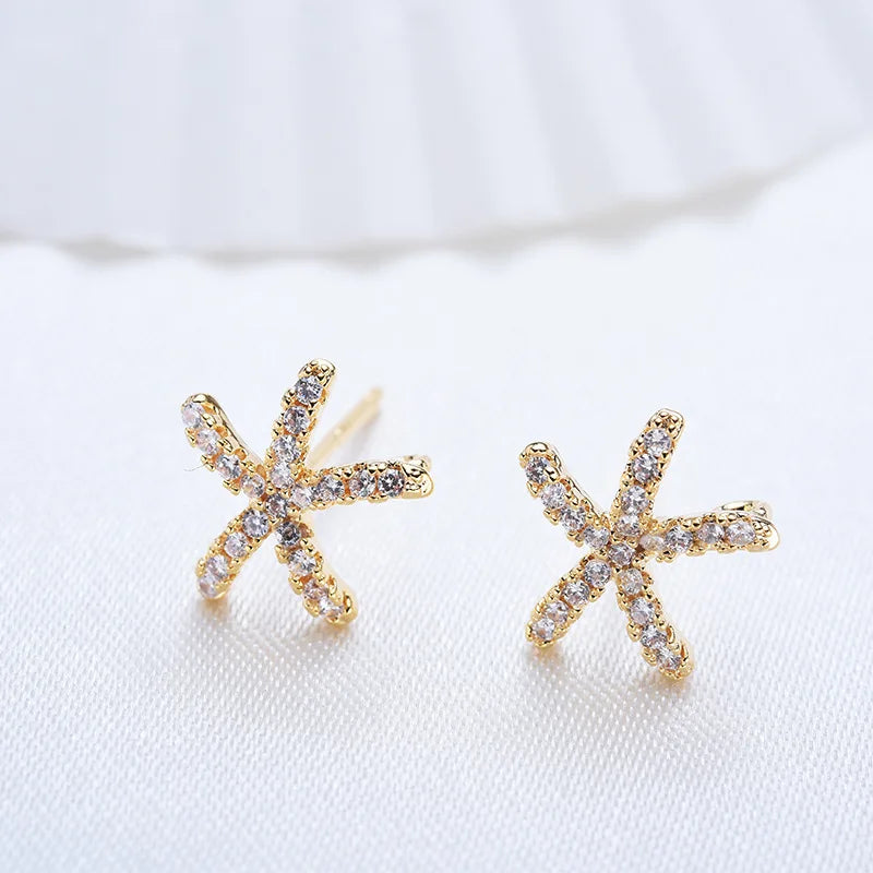 Summer Ocean Beach Jewelry 18K Real Gold Full Rhinestone Crystal Starfish Stud Earrings W/Ring