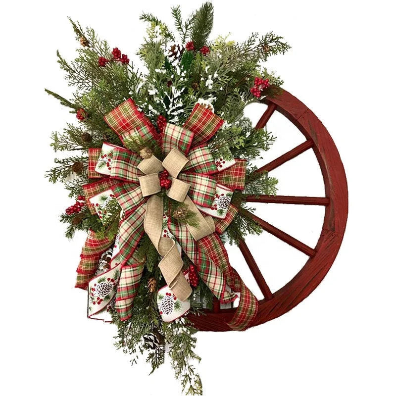 Christmas Outdoor Hanging Window Arrangement Simulated Wheel Wreath with Flower Vine Circle Bow Decorative Wreaths & Swags