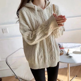 Women's Autumn and Winter New Twists Sweater Hooded Thickened Knitwear Warm Loose Thin Sweater