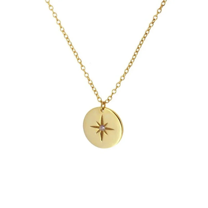 INS 925 Sterling Silver Round Medal Shaped Octagonal Star Zircon Pendant Gold Plated Necklaces for Women