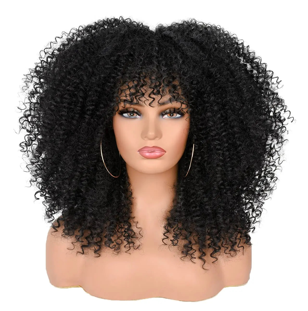 FUJAI 16Inch Curly Wigs for Black Women Black Afro Bomb Curly Wig with Bangs Synthetic Fiber Glueless Kinky Curly Hair