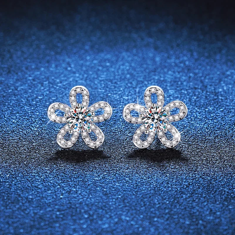 5mm Elegant Sun Flower Moissanite Diamond Earrings Elegant 925 Sterling Silver Screw Back White Gold for Women