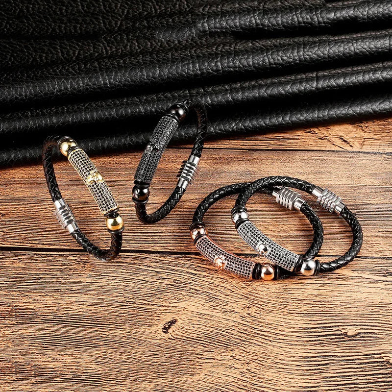 Wholesale Men's Stainless Steel Magnetic Clasp Bracelet 19/21/23mm Genuine Leather Bangles