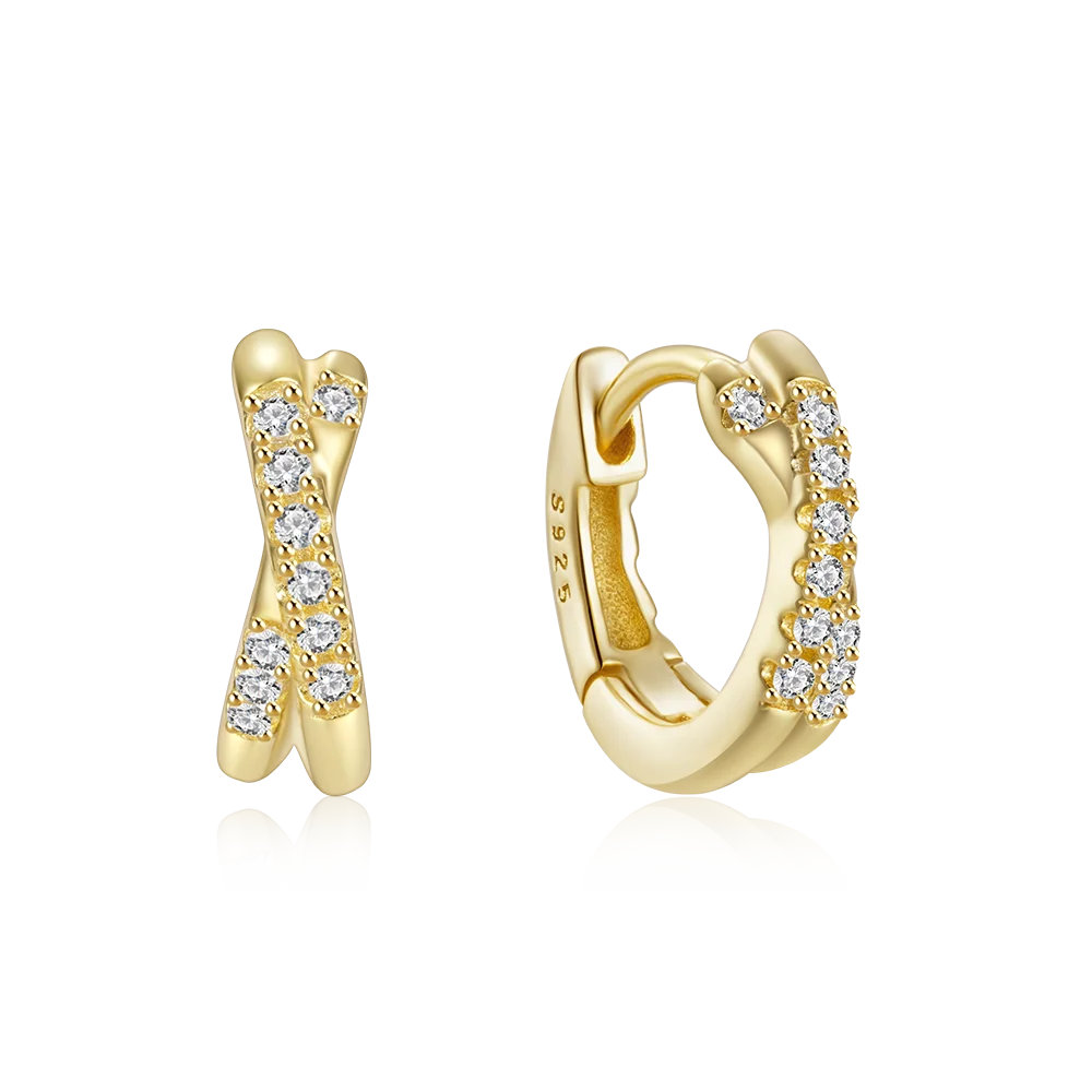 Fashion Jewelry 925 Sterling Silver Earrings Double Layer Cross X Shaped Diamond Zircon Gold Plated Hoop Earrings Women