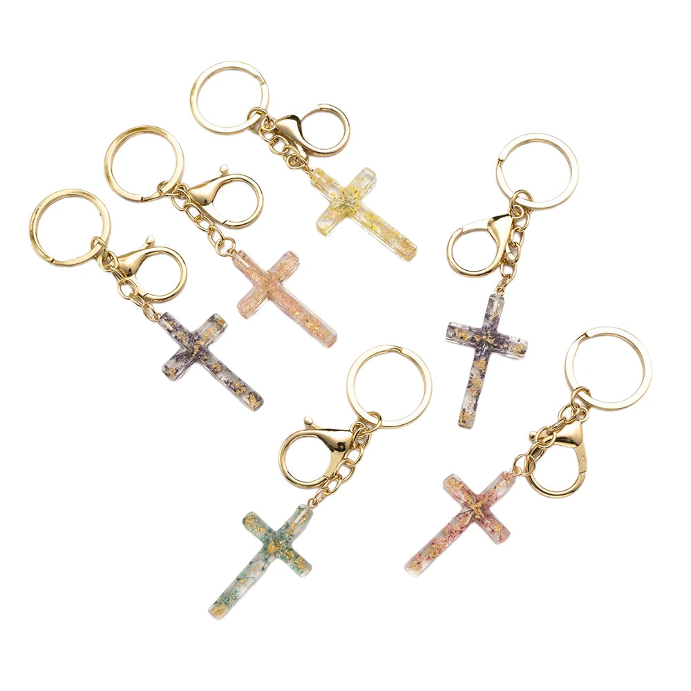 Handmade Resin Keychain with Creative Cross Design and Real Flowers Stylish Metal Keychain for Bags