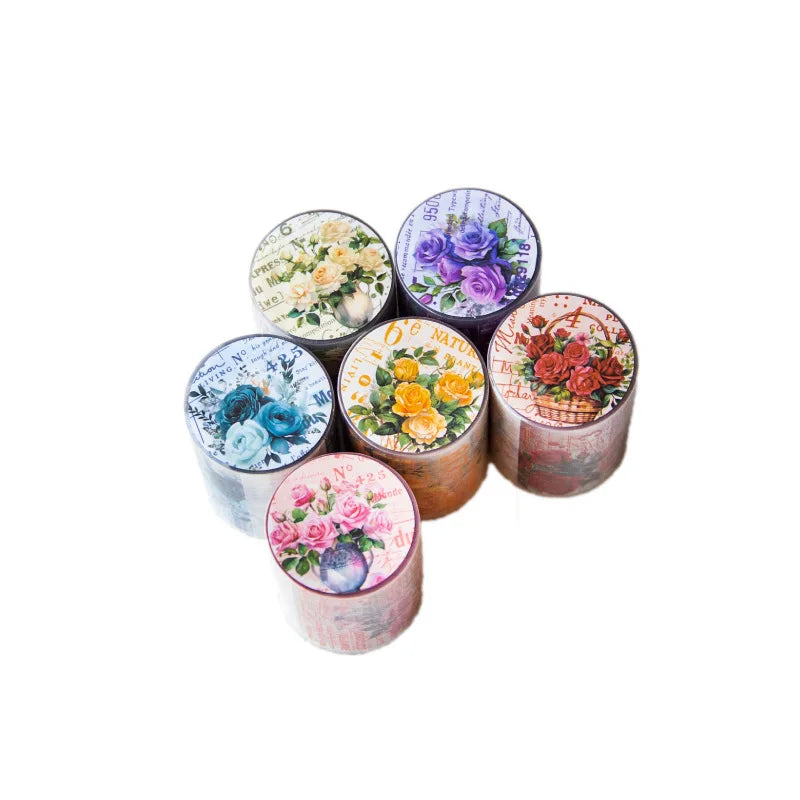 2m Length/Roll PET White Ink Tape Rose Lyrical Poetry Series with Rose Theme DIY Circular Stickers 6 Options