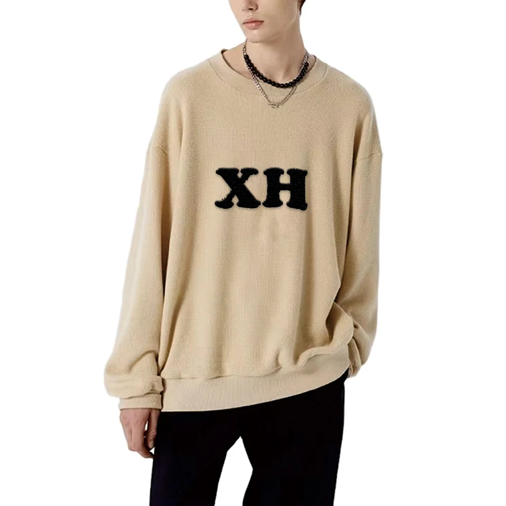 2026 Custom Heavy Waffle Knitted Thermal Wholesale Sweatshirt Graphic Print Long Sleeves Crew Neck Men T Shirt