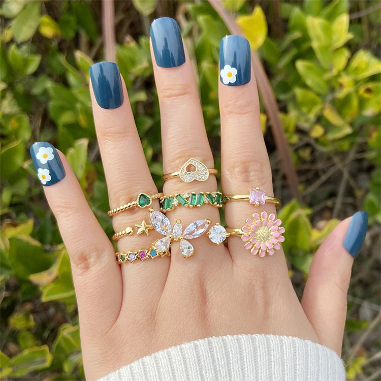 New Fashion Stainless Steel Daisy Star Love Butterfly Women 18k Gold Plated Diamond Rings