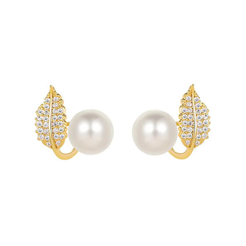 French Natural Water Leaf Pearl Stud Earrings 14K Gold Micro-inset Zircon Geometric Shape Romantic Stylish Simple Design Gift
