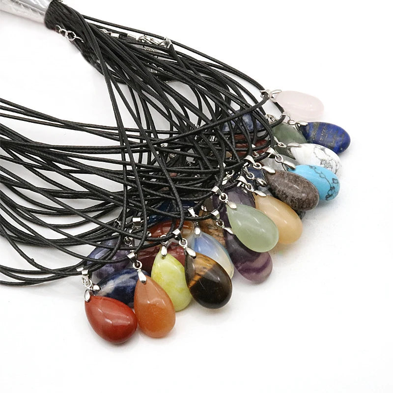 Natural Water Drop Flat Stone Pendant Braided Rope Necklace
