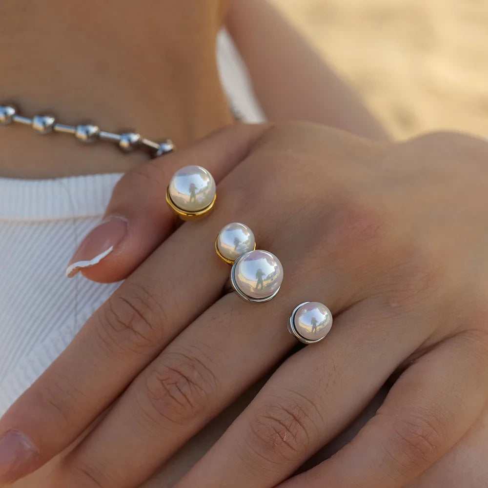 New INS Style Irregular Pearl Rings for Women Open Size Tarnish Free Gold Plated Stainless Steel Rings Wholesale Fashion Jewelry