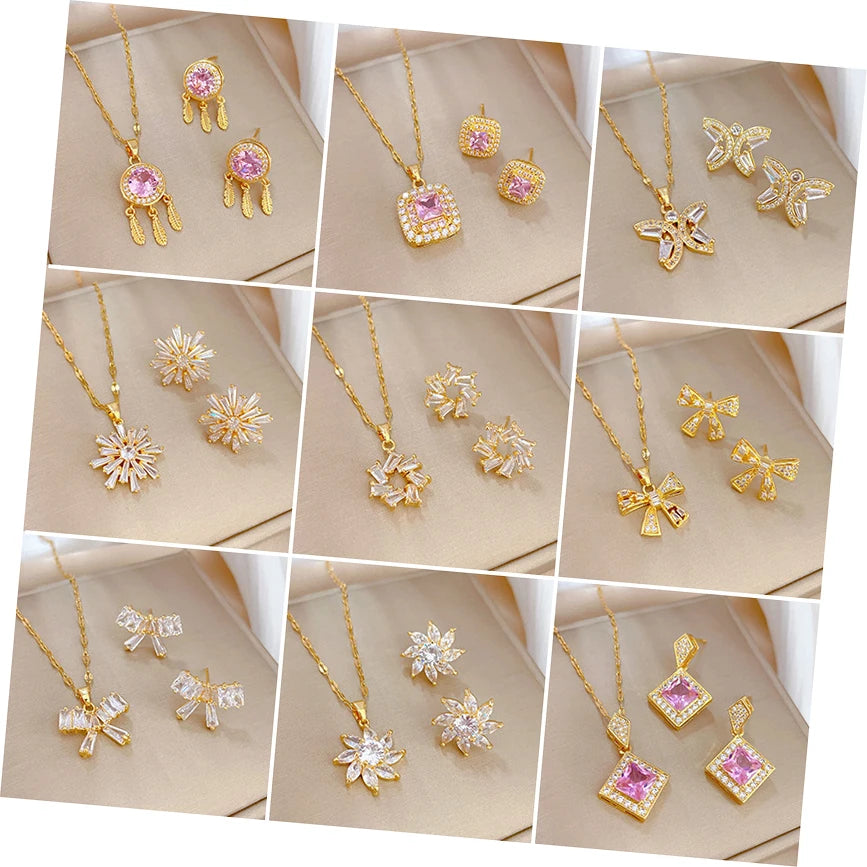 Gold Plated Stainless Steel Zircon Crystal Pendant Necklace Earrings Jewelry Set for Women Gift