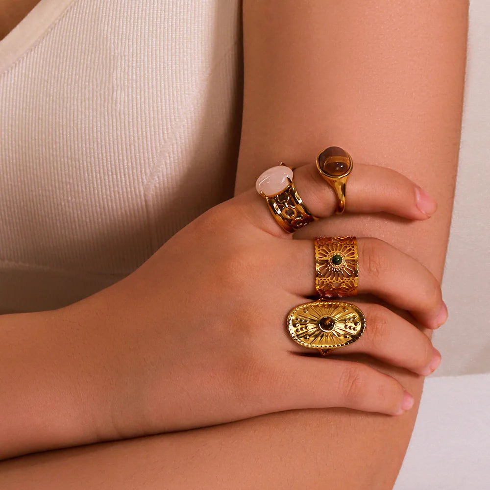Vintage 18k Gold Plated Rings Natural Stone Stainless Steel Adjustable Open Rings Jewelry for Women