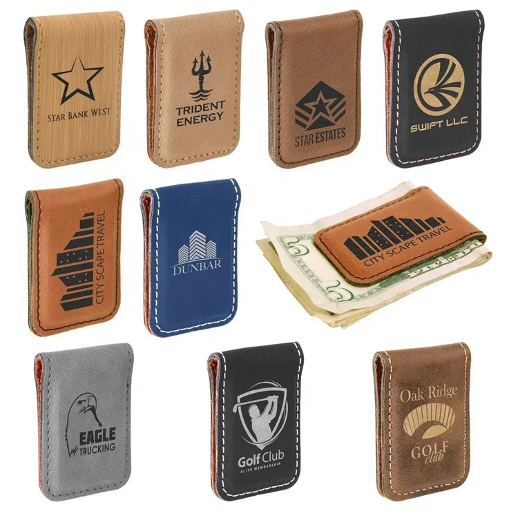 Custom Logo Money Clips Magnetic Faux Leather Laser Blanks Leatherable Leathertte Money Clips