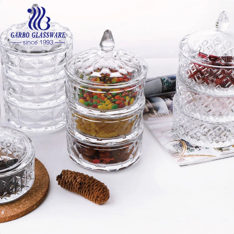 Wholesale Factory Cheap 1-3 Layer High White Glass Candy Jar New Design clear Nuts Storage Jar with Lid