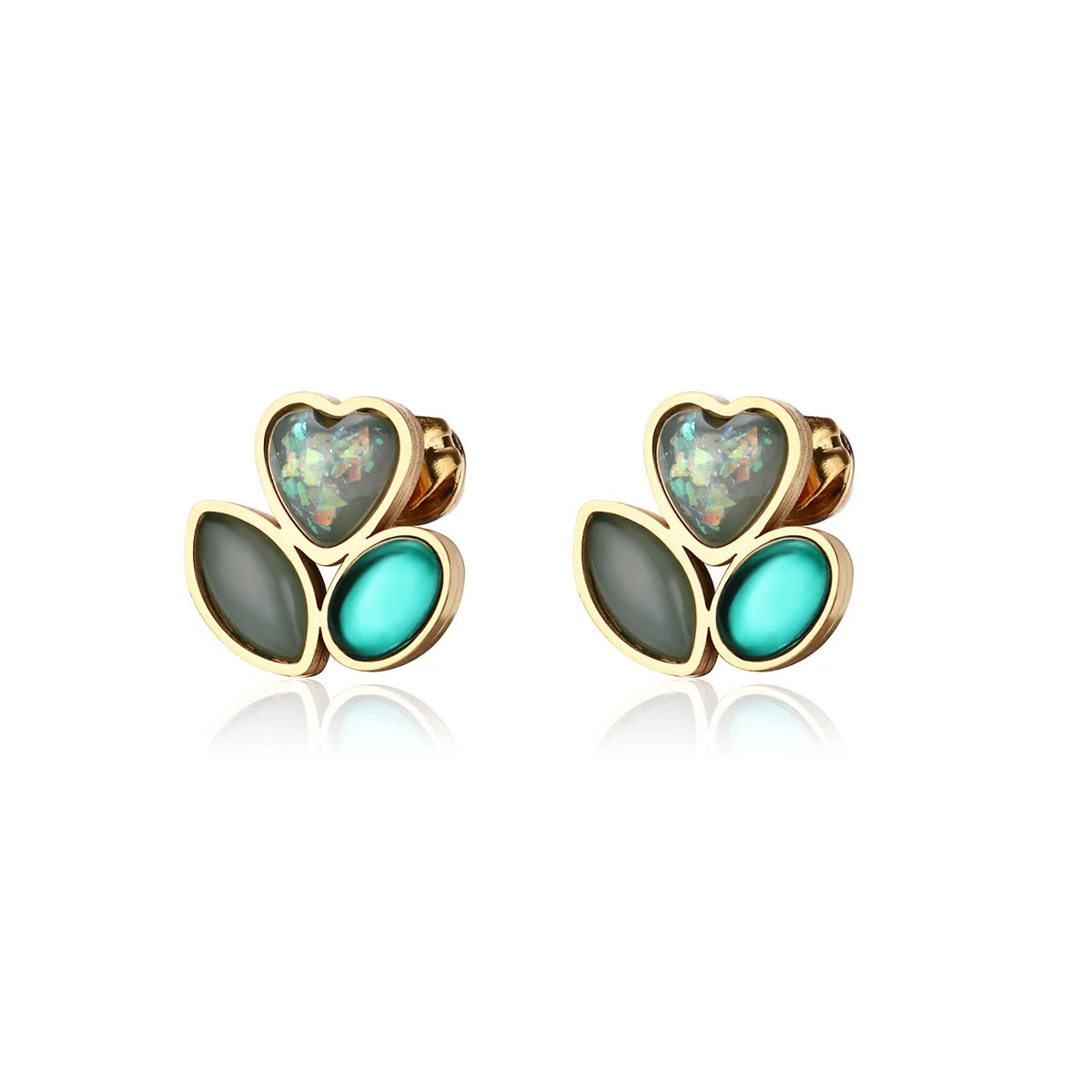 New Design Flower Leaf Different Color 3 in 1 Earring Wholesale 18K Gold Plated Stainless Steel Heart Stud Earrings