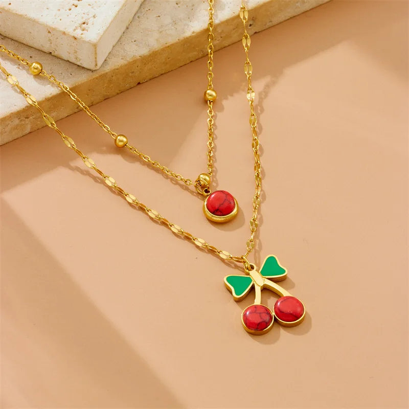 Meetyoo Double Layer Chain Necklace Drop Oil Cherry Fruit Stainless Steel Red Turquoise Pendant Necklace Enamel Charms Necklace