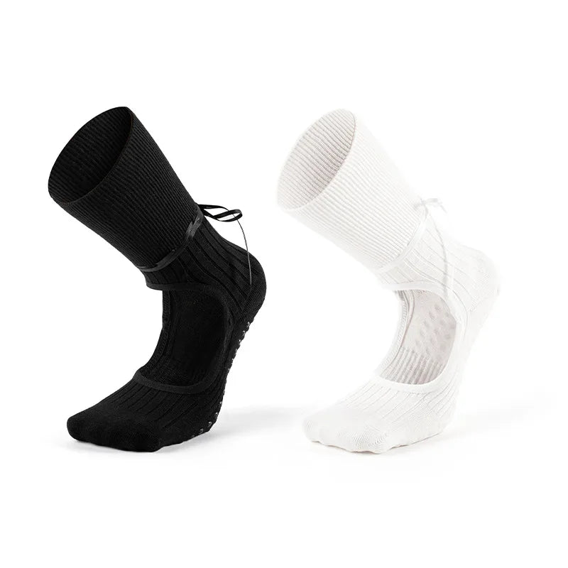 Seamless Grip Ankle Pilates Yoga Tube Socks with Drawstring Ribbon Bow Non-Slip Crew Socks Backless Design