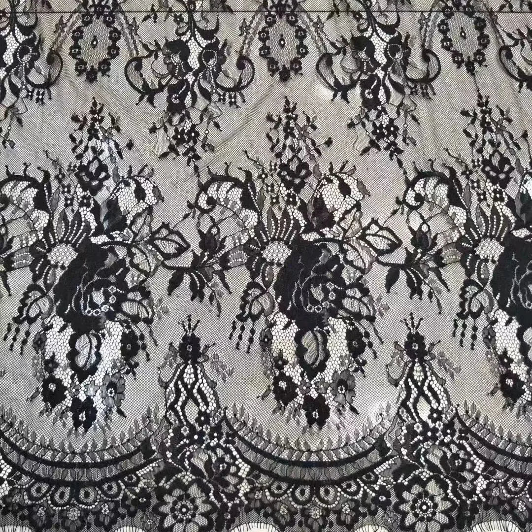 Wholesale Black Floral Chantilly Eyelash Lace Fabric Dyed for Garment LT21565