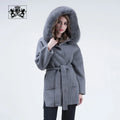 Janefur Wholesale Winter Double Face Hooded Cashmere Fur Coat Women Wool Coat with Detachable Fox Fur Collar
