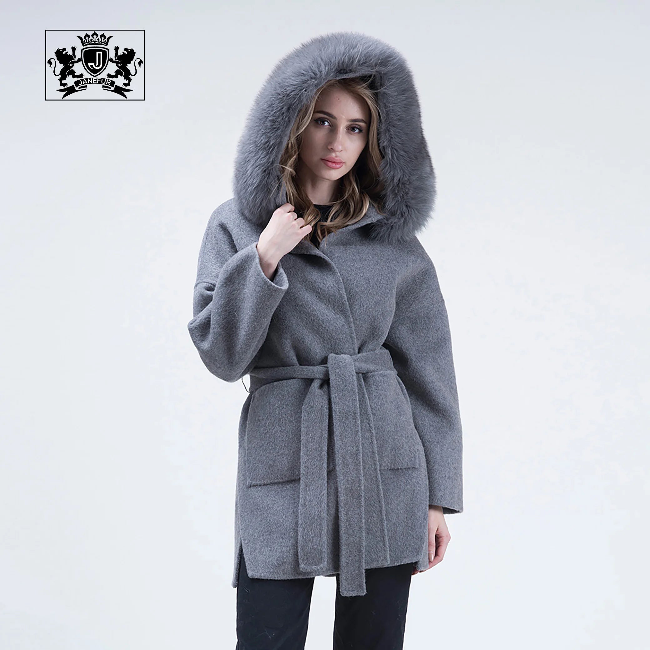 Janefur Wholesale Winter Double Face Hooded Cashmere Fur Coat Women Wool Coat with Detachable Fox Fur Collar
