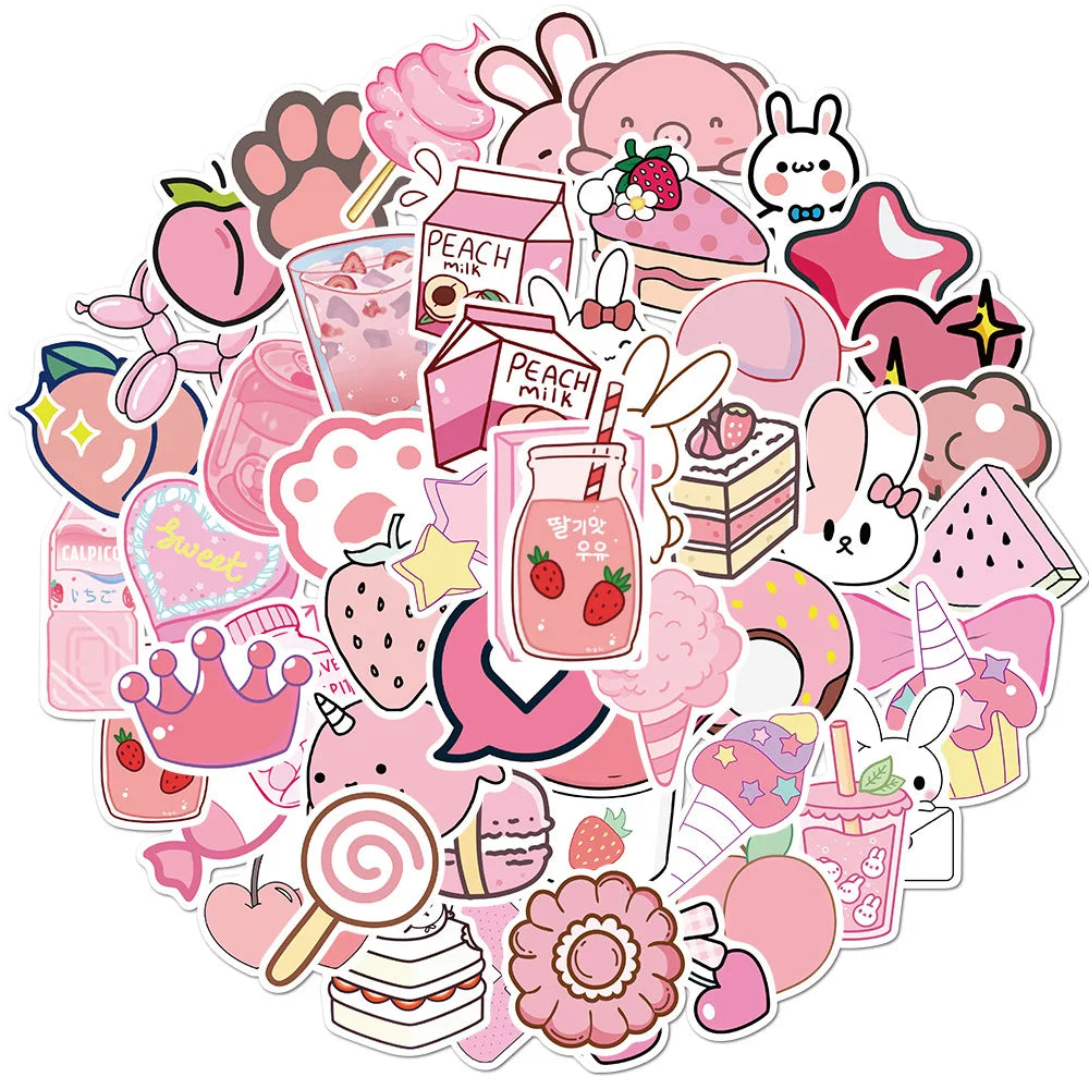 50Pcs New Cartoon Pink Girlish Graffiti Stickers Decorative Label for Luggage Laptop Guitar Notebook PVC Waterproof Sticker