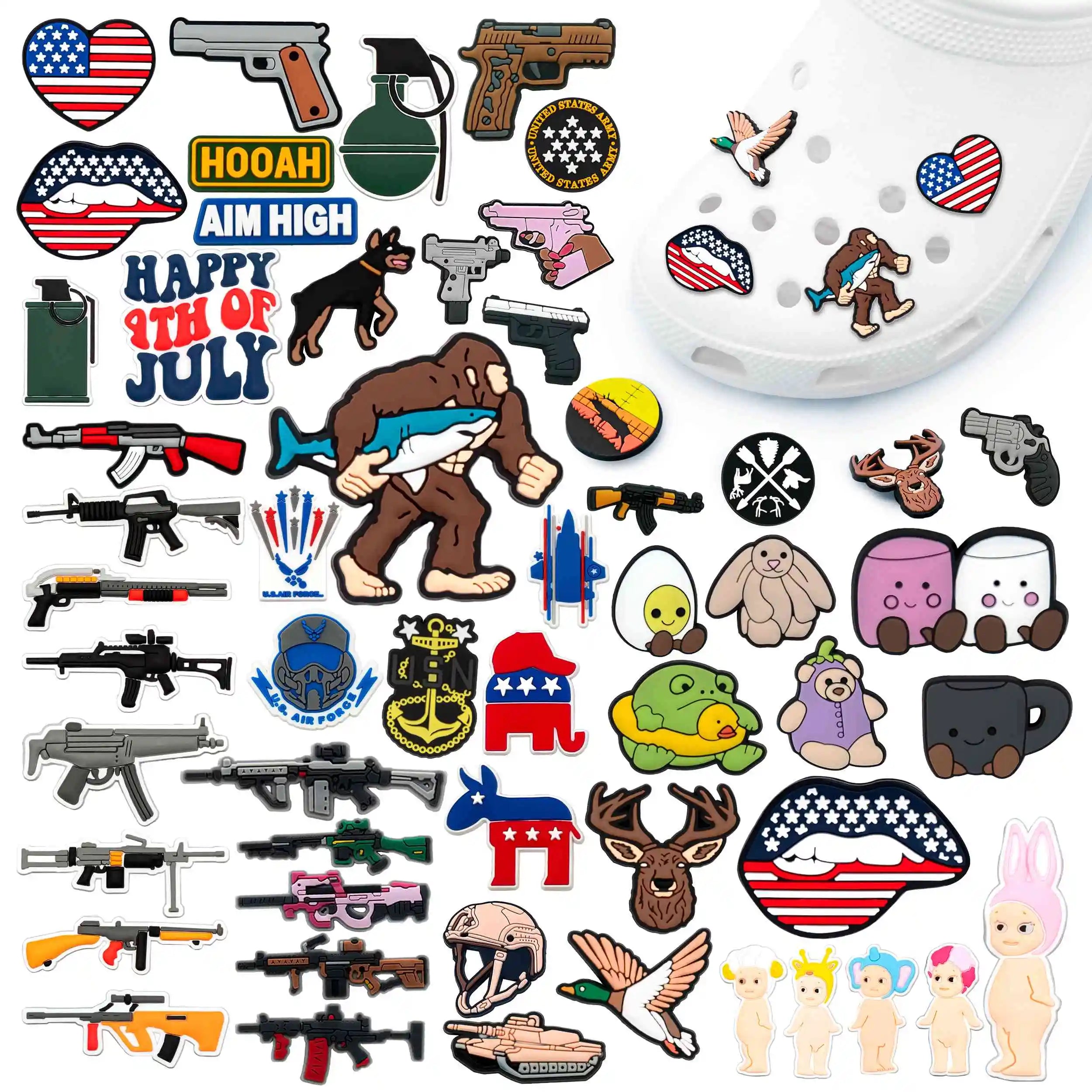 Uk Popular Custom Shoes Charm Anime Cartoon Character American Gun War Sasquatch Shoe Charms Decorations Designer accessories