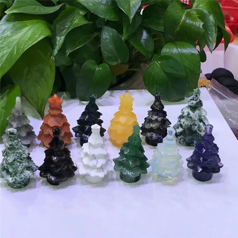 Home Decoration Christmas Gift Model Natural Gemstone Hand Carved Crystal Christmas Tree for Healing Eco-friendly