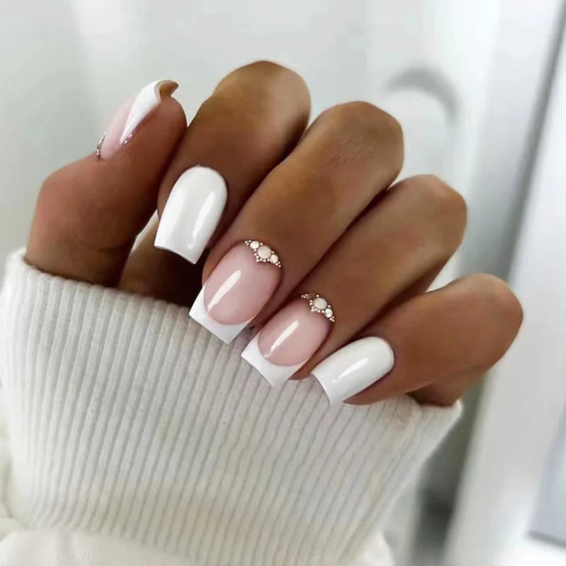 Short Square Gel Nail Tips False French Rhinestone White Pink Classic Handmade Press on Nails Set