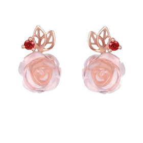 LAMOON 9mm Rose Flower Natural Pink Rose Quartz Made with 925 Sterling Silver Jewelry Stud Earrings Gifts