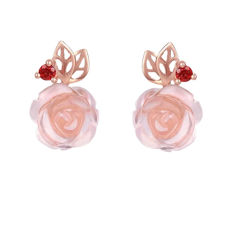 LAMOON 9mm Rose Flower Natural Pink Rose Quartz Made with 925 Sterling Silver Jewelry Stud Earrings Gifts