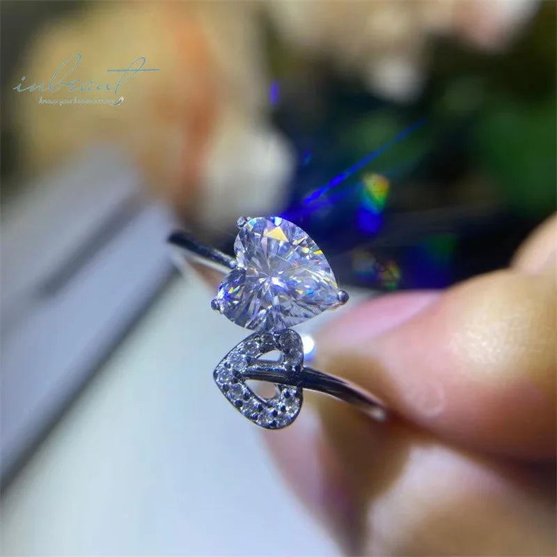 Silver 925 Original 1 Carat Brilliant Cut Diamond Test Past D Color Heart Moissanite Forever Love Wedding Ring Fine Jewelry