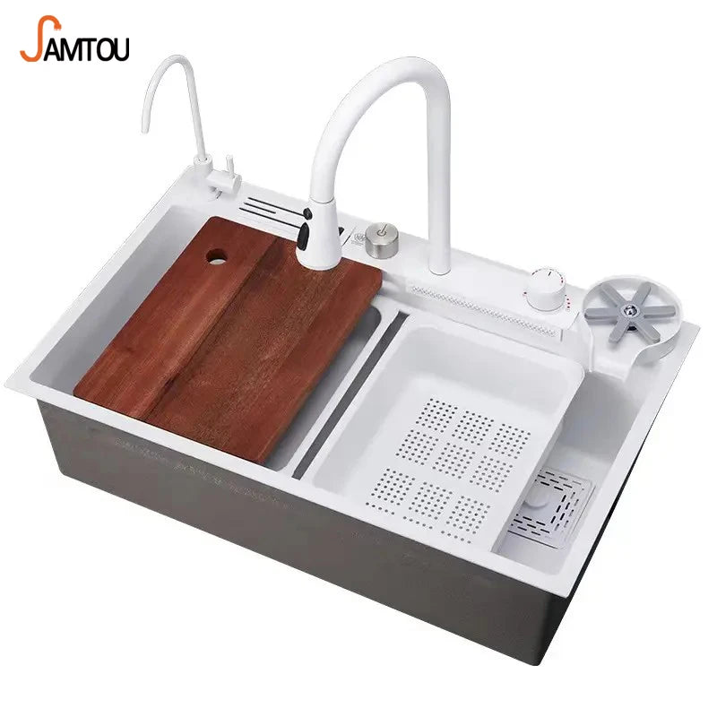 SAMTOU White Wash Sinks Hot Sale Multi-functions Kitchen Sink 304 Stainless Steel Waterfall Faucet Kitchen Sink with Cup Washer