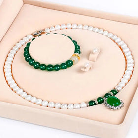 Certified Wedding Anniversary Three Green Agate Pendants Love Woman South Sea Freshwater Pearl Necklace Jewelry Set